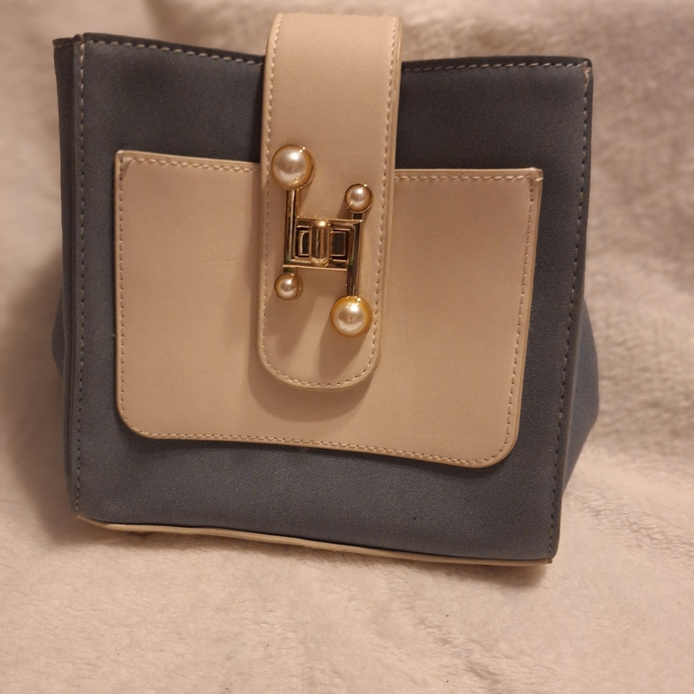 Elegant Cream and Slate Blue Suede  Women's Bag With Pearl Stap